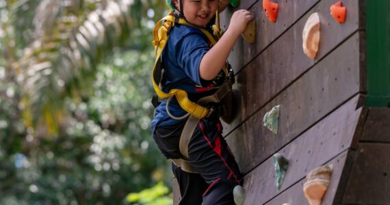 a boy with blue helmet climbing on a wooden wall